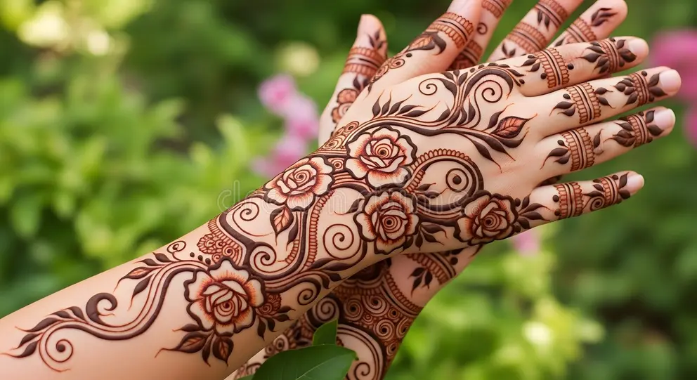 elegant floral mehndi design adorning hands forearms intricate rose vine henna patterns female skin green garden 410023282.webp